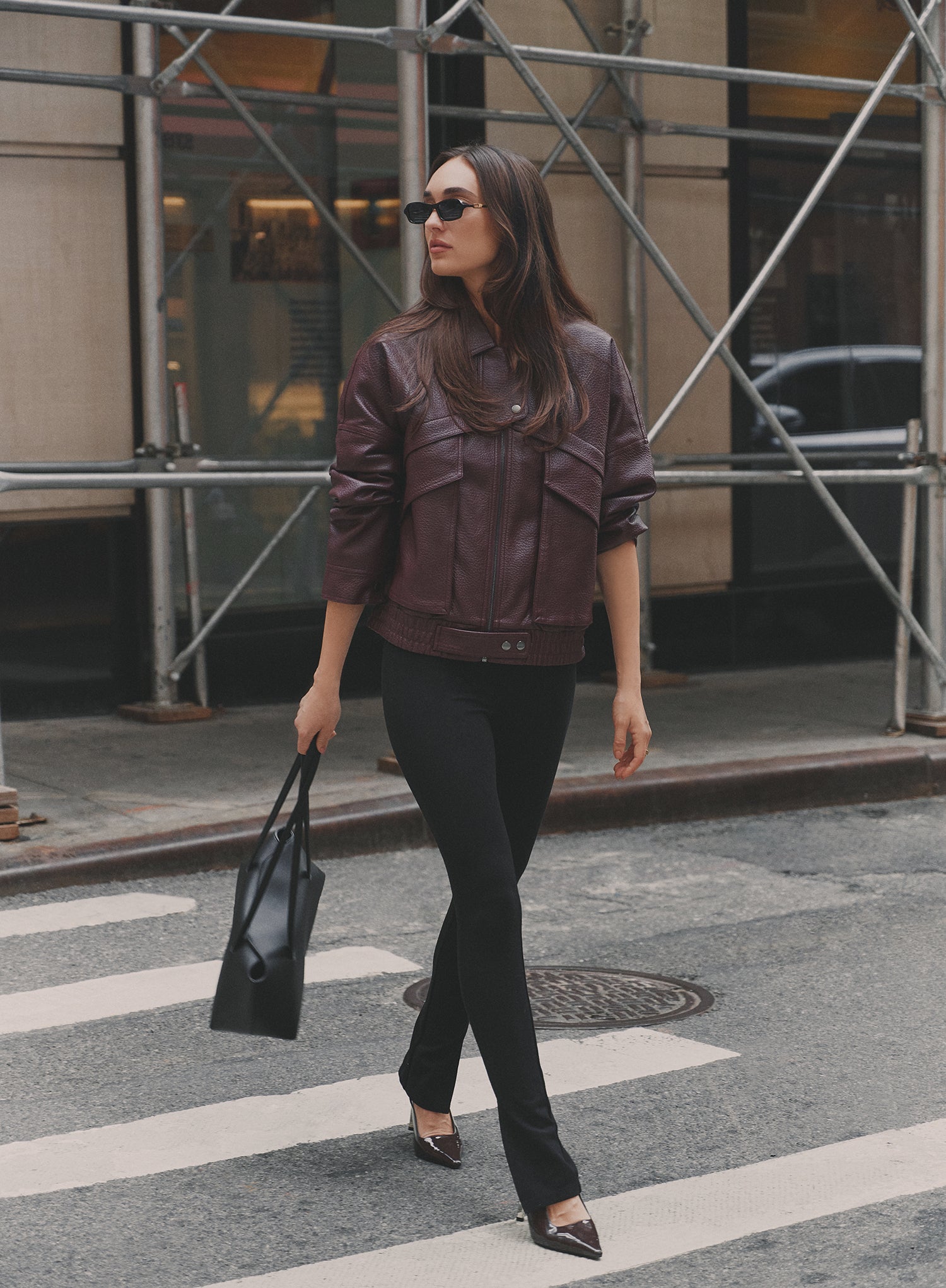 Burgundy Textured Faux Leather Cropped Jacket